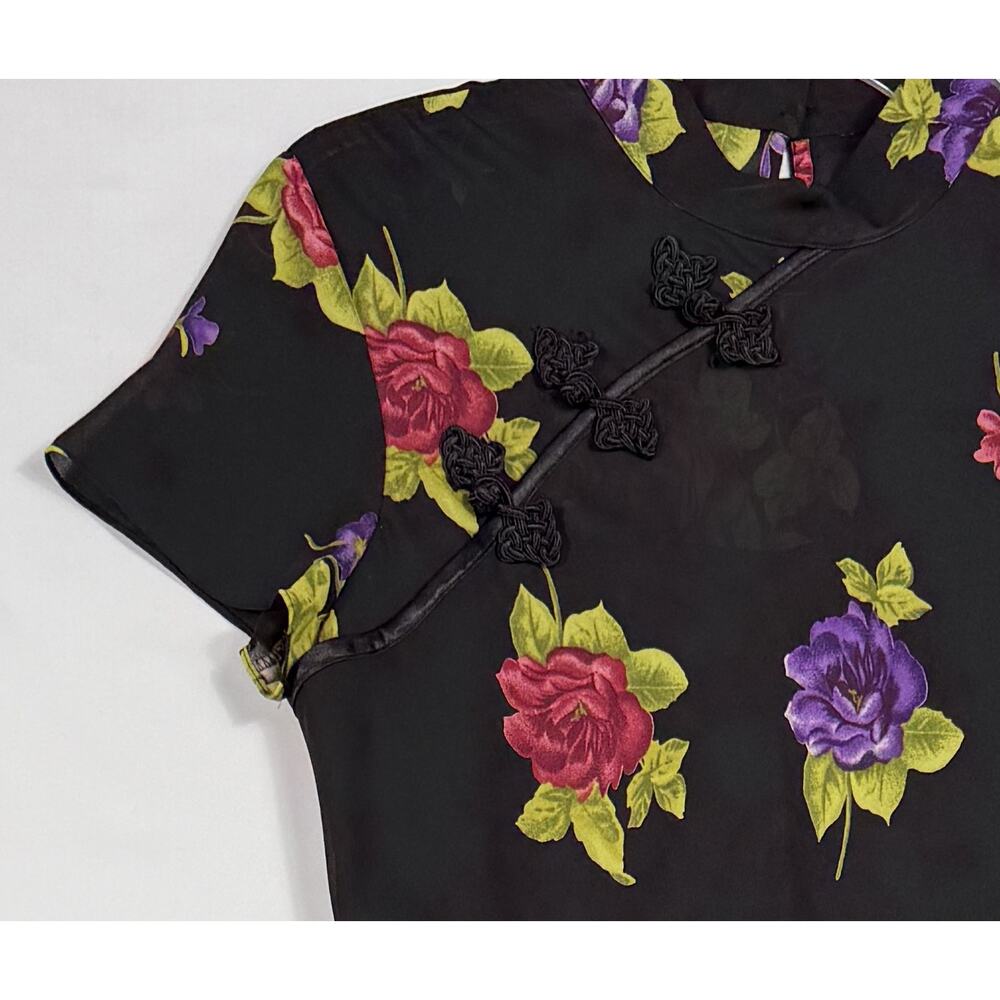 90s vintage Ronni Nicole black floral qipao cheongsam Sz 14 maxi dress - Picture 4 of 15